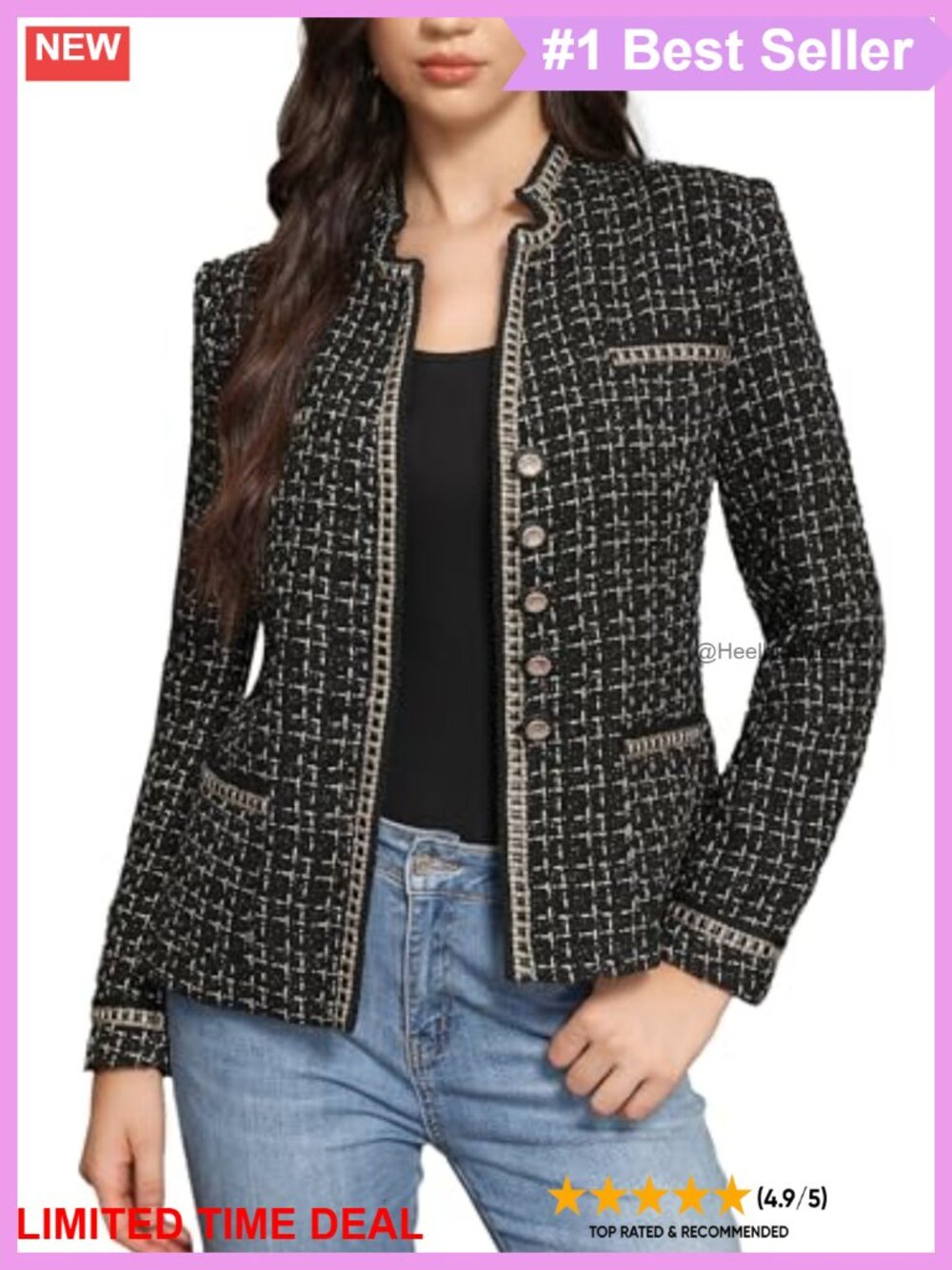 Women's Tweed Blazer Tailored Fit Notch Lapel Business Casual Jacket